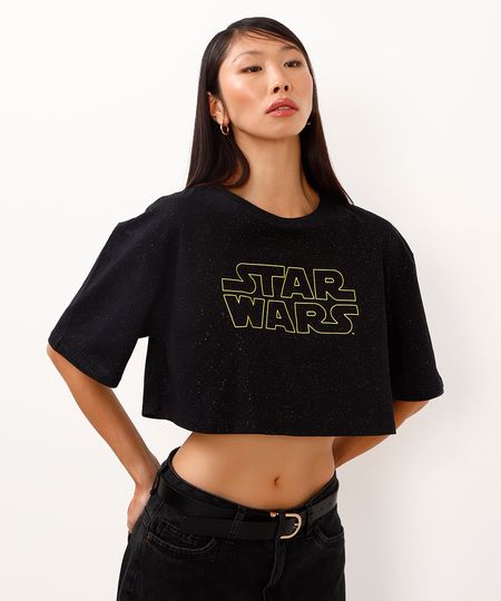 camiseta de algodão cropped com brilhos star wars preto G camiseta de algodão cropped com brilhos star wars preto G