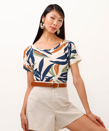 blusa de algodão decote canoa folhagem azul marinho PP blusa de algodão decote canoa folhagem azul marinho PP