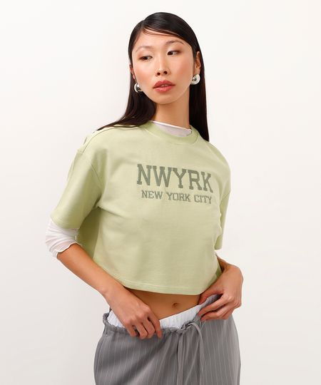 camiseta de moletinho cropped new york city verde PP camiseta de moletinho cropped new york city verde PP