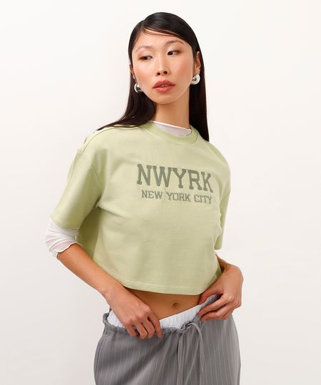 camiseta de moletinho cropped new york city verde PP