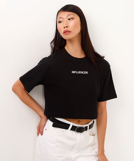 camiseta de algodão cropped influencer preto PP camiseta de algodão cropped influencer preto PP