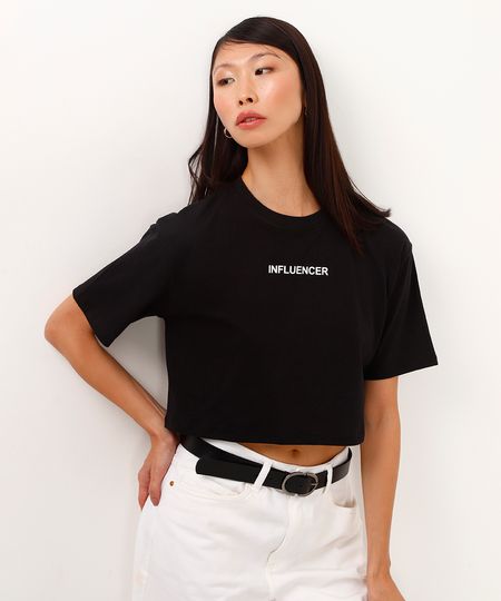 camiseta de algodão cropped influencer preto PP