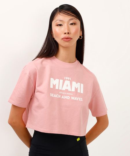 camiseta de moletinho cropped miami rosa PP