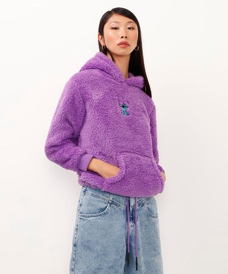 blusão de pelúcia com capuz stitch lilás PP