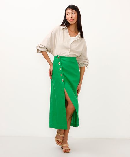 saia midi com linho botões e fenda verde 34 saia midi com linho botões e fenda verde 34