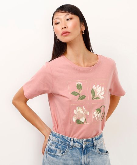 camiseta de algodão floral metalizada rosa PP