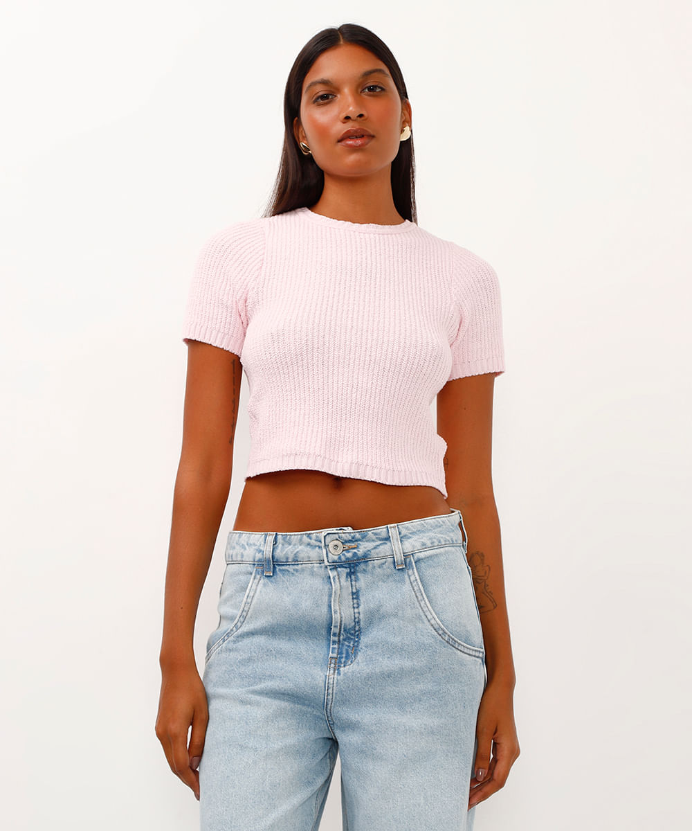 cropped de tricot trançado rosa