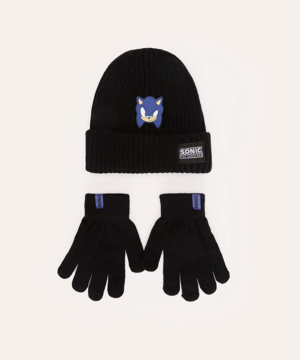 kit de tricot infantil sonic com gorro e luva preto