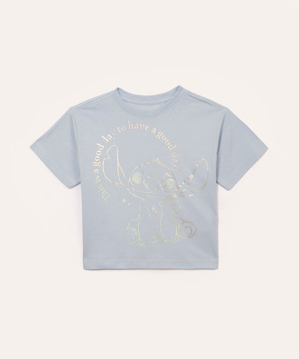 camiseta de algodão infantil stitch holográfico azul