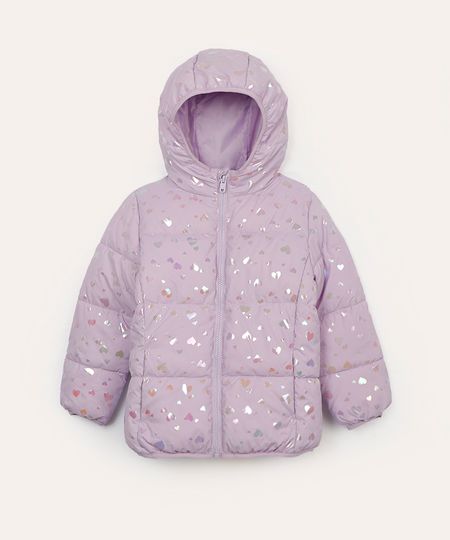 jaqueta puffer infantil corações com capuz lilás 6