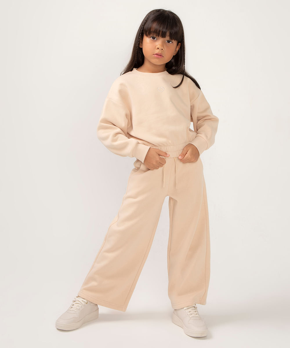 calça de moletom wide leg infantil bege