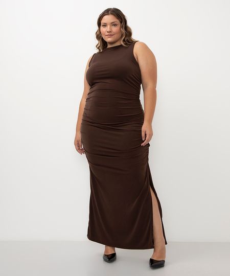 vestido longo alça média decote redondo plus size mindset marrom GG3