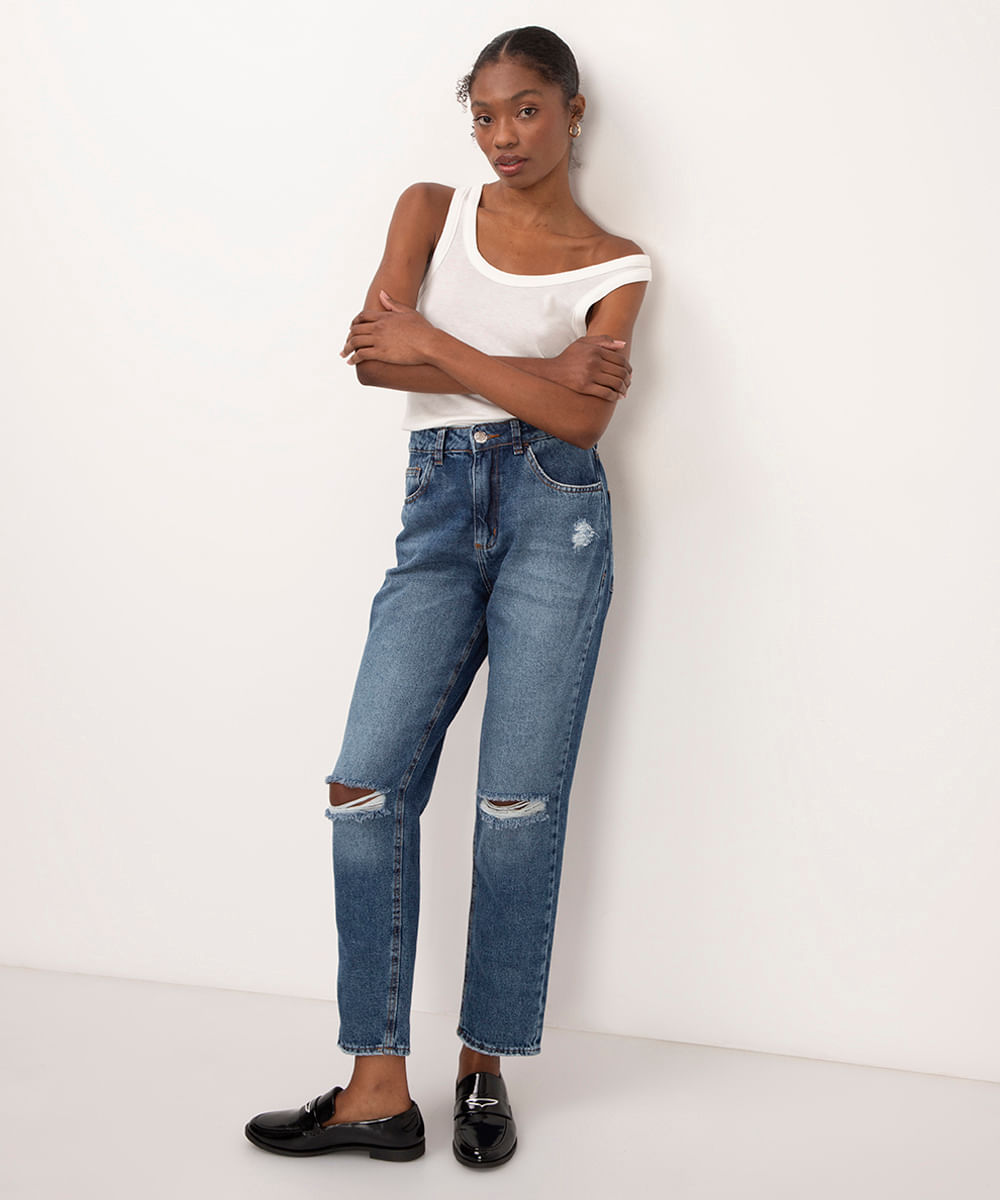 calça jeans mom cintura super alta destroyed azul escuro