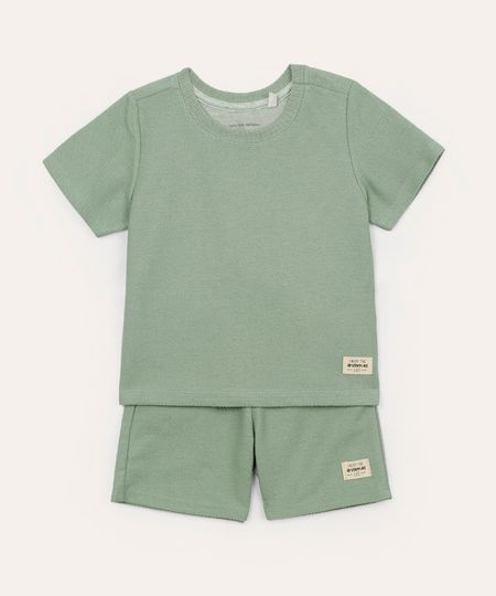 conjunto de algodão infantil texturizado manga curta verde 2