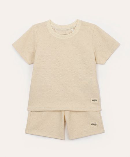 conjunto de algodão infantil texturizado manga curta bege 2