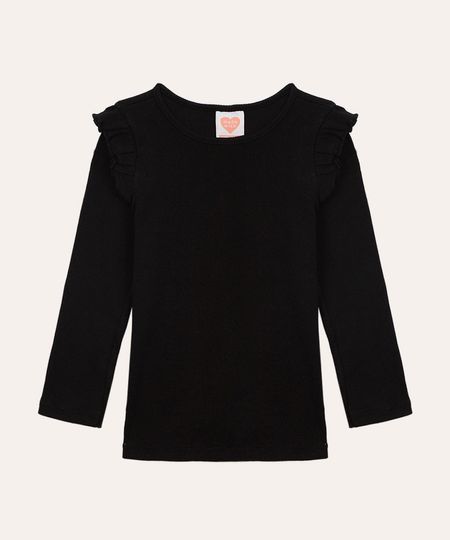 blusa de algodão infantil canelada com babado preta 2