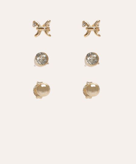 kit de 3 brincos folheado peixes e strass dourado UNICO