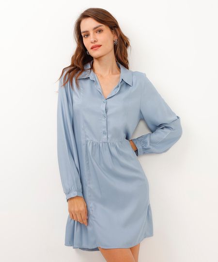 vestido de viscose chemise manga longa azul GG vestido de viscose chemise manga longa azul GG
