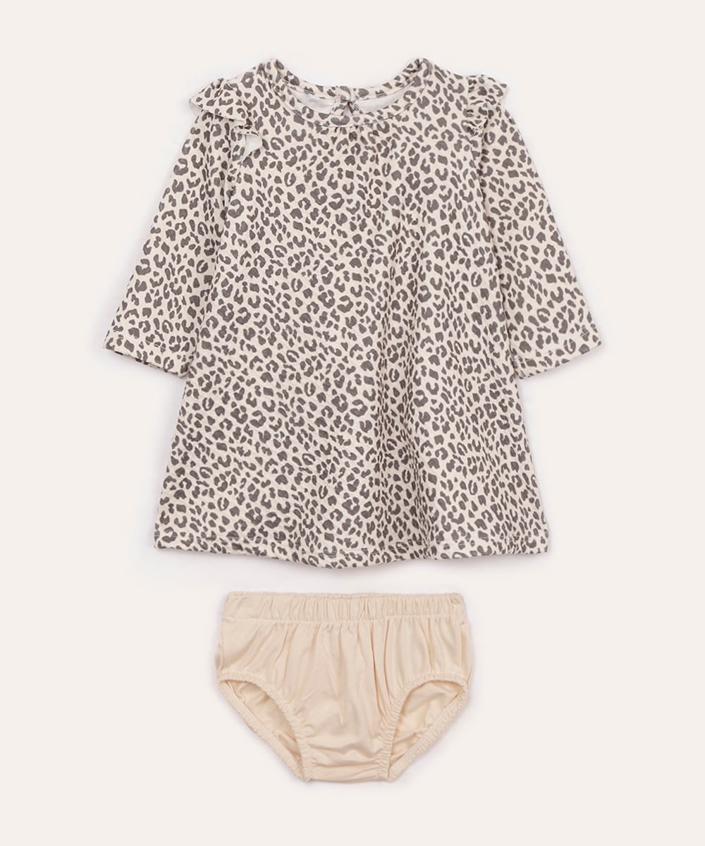 vestido infantil oncinha com babado e calcinha bege