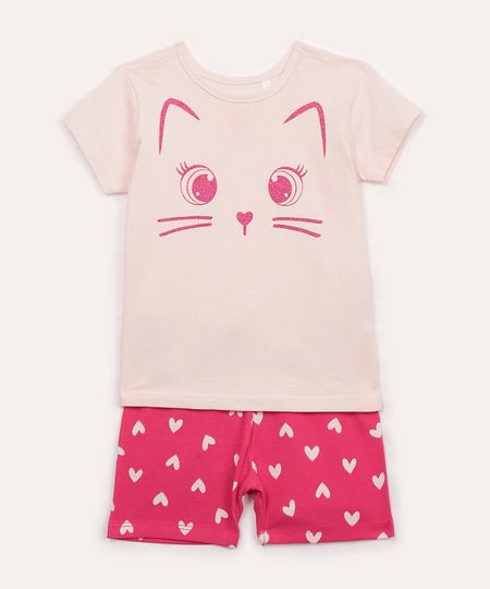 conjunto de algodão infantil gatinha e corações rosa 3