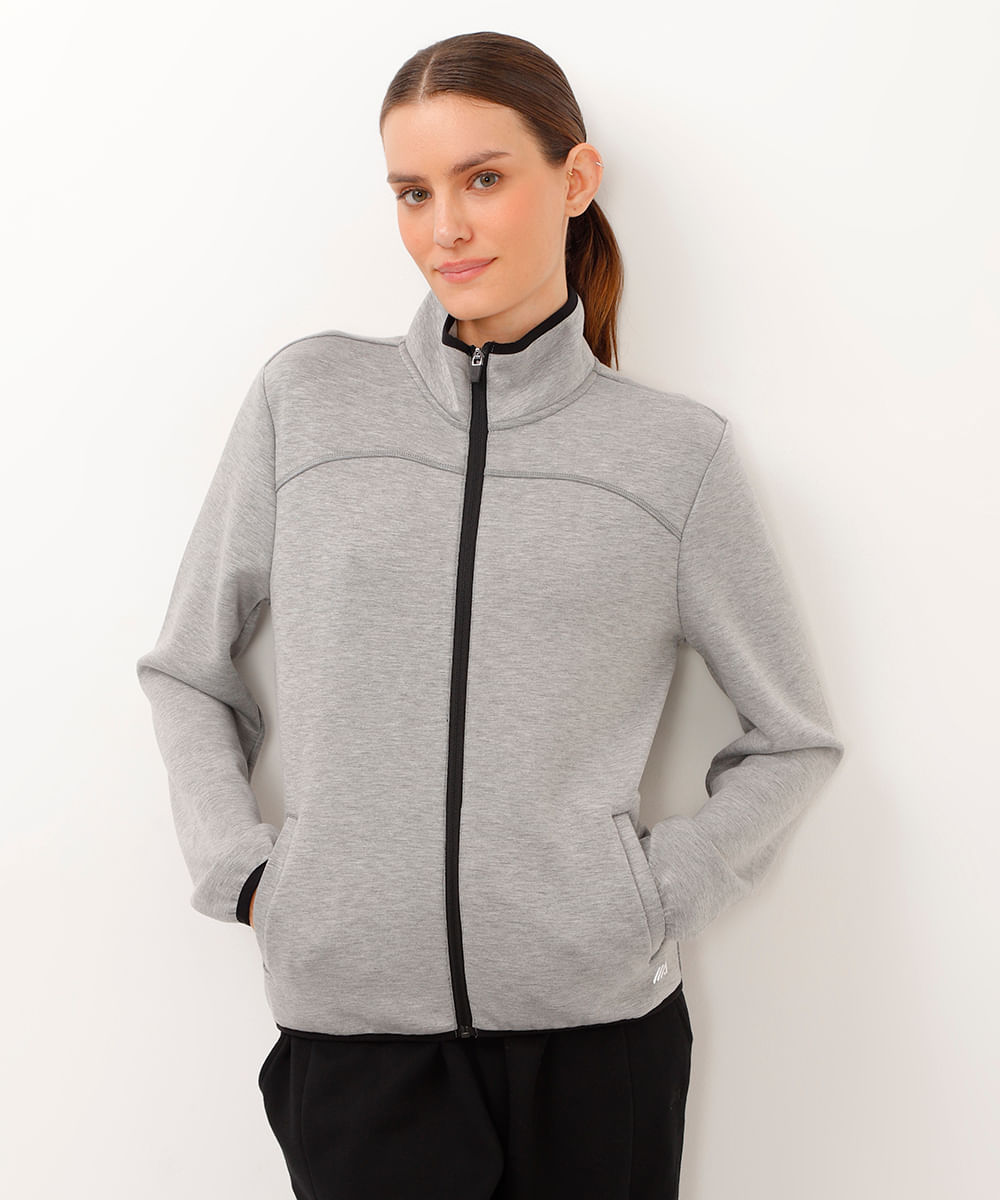 jaqueta gola alta com bolsos esportiva ace cinza