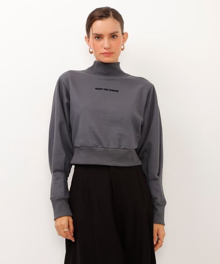 blusão de moletom gola alta enjoy the chance cinza PP blusão de moletom gola alta enjoy the chance cinza PP