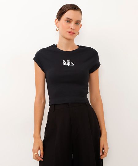 camiseta de algodão cropped canelado the beatles preta PP camiseta de algodão cropped canelado the beatles preta PP