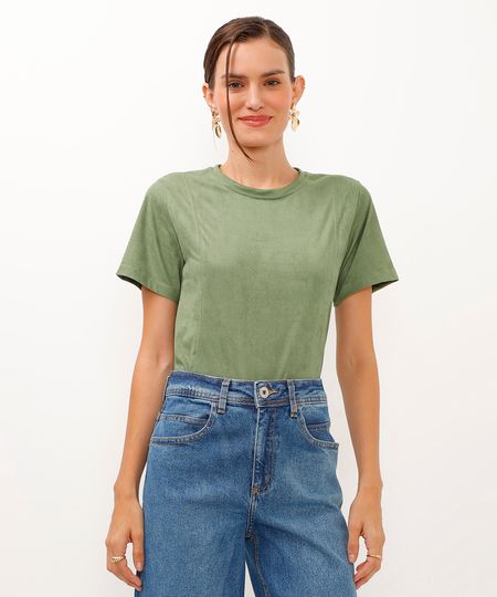 blusa de suede manga curta verde PP