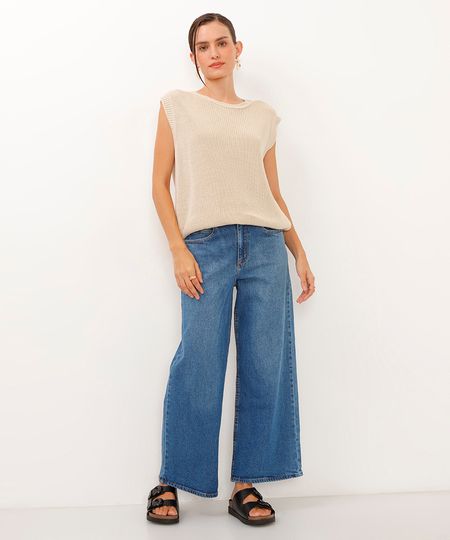 calça jeans wide leg cropped cintura super alta azul 34