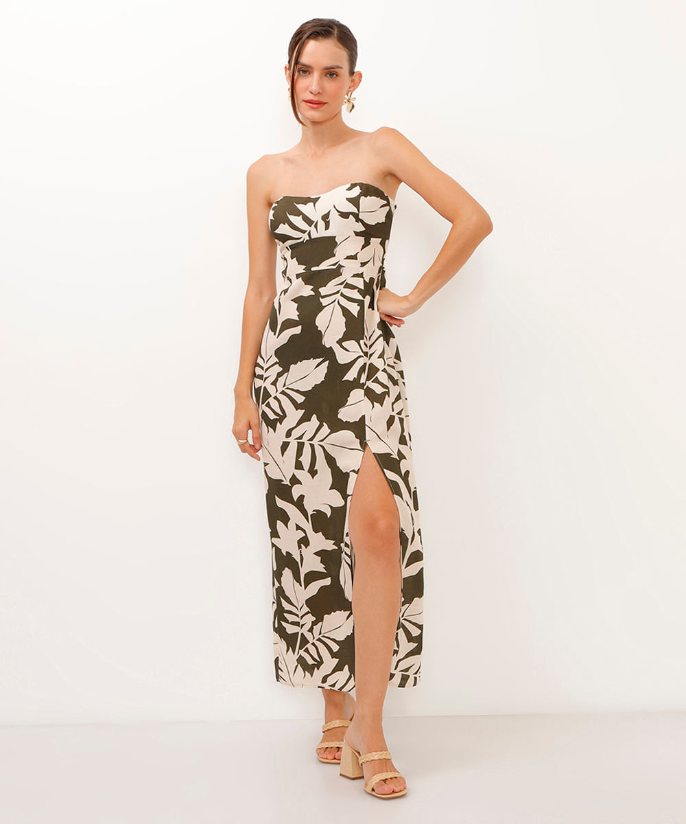 vestido midi de viscose floral sem alça verde militar