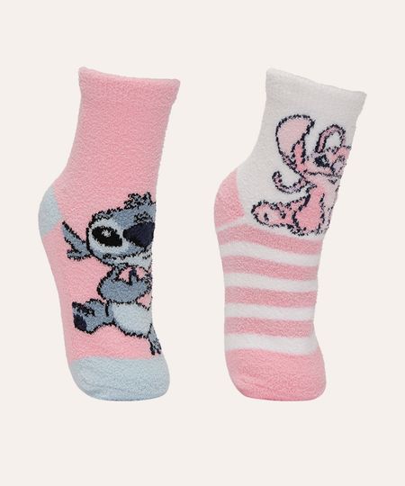 kit de 2 pares de meias infantis lilo stitch antiderrapante rosa 23 - 28