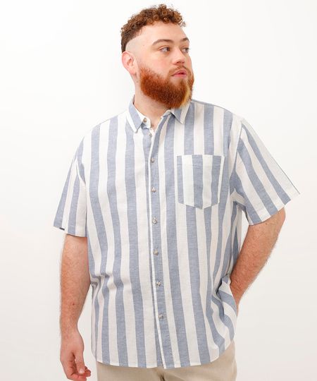 camisa de algodão com linho comfort manga curta plus size azul GG2