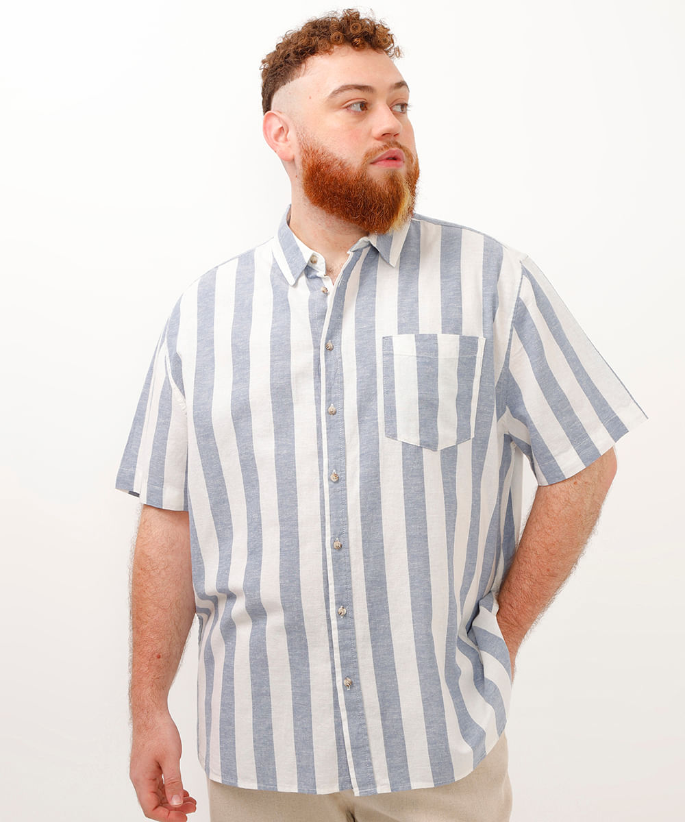 camisa de algodão com linho comfort manga curta plus size azul