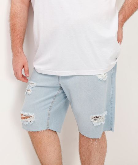 bermuda jeans slim destroyed com bolsos azul claro 40