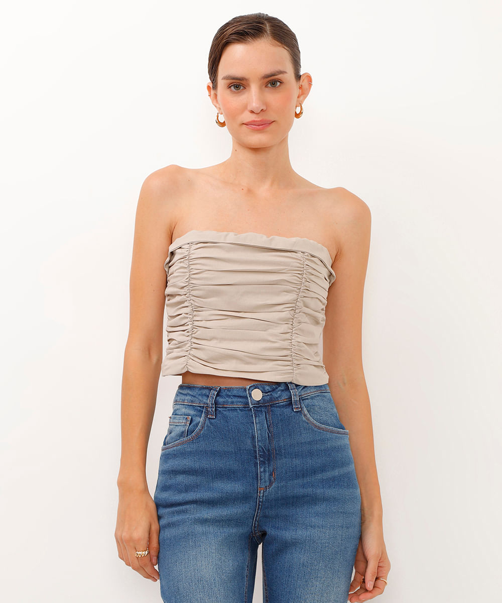 top sem alça drapeado bege