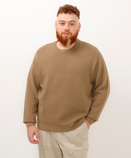 suéter de tricot canelado plus size bege GG1