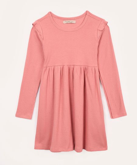 vestido infantil de algodão canelado com babado rosa 4