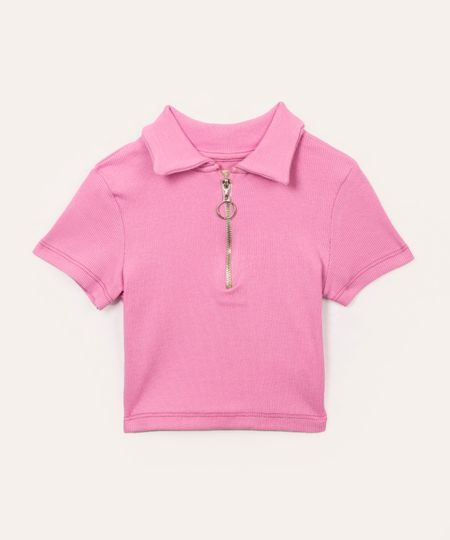 blusa de algodão infantil canelada com zíper rosa 8