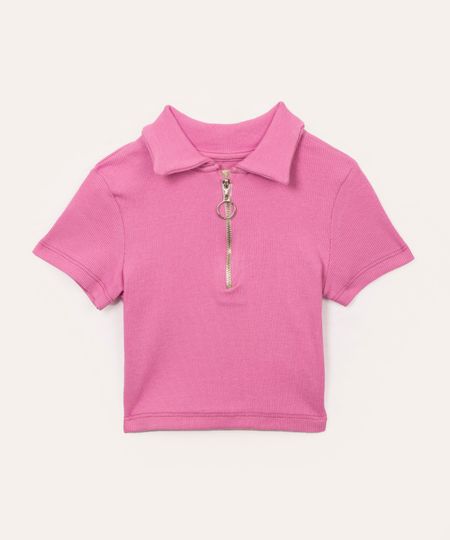 blusa de algodão infantil canelada com zíper rosa 12