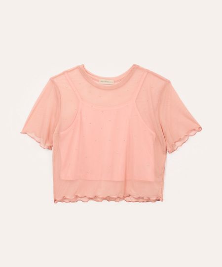 blusa de tule juvenil com brilho manga curta rosa 10 blusa de tule juvenil com brilho manga curta rosa 10