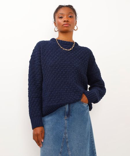 suéter de tricot chenille azul marinho PP