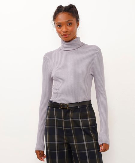 blusa de tricot canelado manga longa gola alta cinza P blusa de tricot canelado manga longa gola alta cinza P