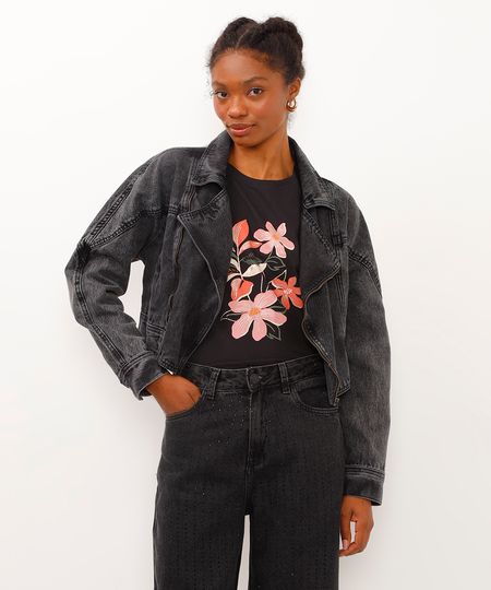 camiseta de algodão manga curta floral preto PP camiseta de algodão manga curta floral preto PP