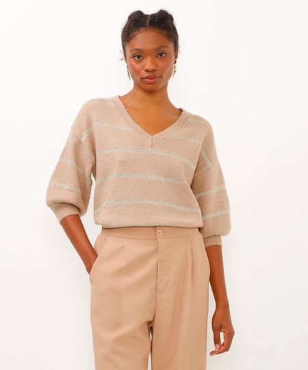 suéter de tricot manga bufante listrado com lurex bege P