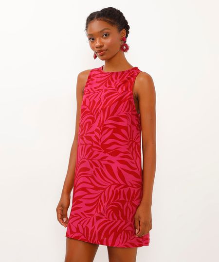vestido de viscose curto folhagem rosa PP