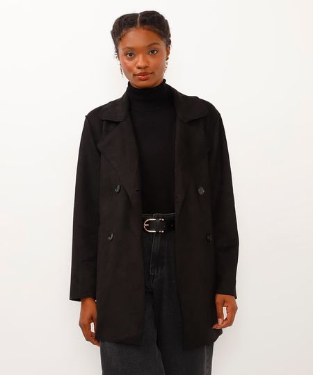 casaco trench coat de suede com faixa preto PP