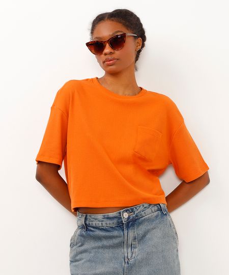 camiseta de algodão cropped texturizada laranja PP