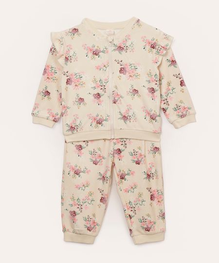 conjunto infantil veludo molhado floral com babado bege 0-3