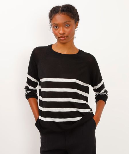 blusa de tricot listrada manga longa preta PP