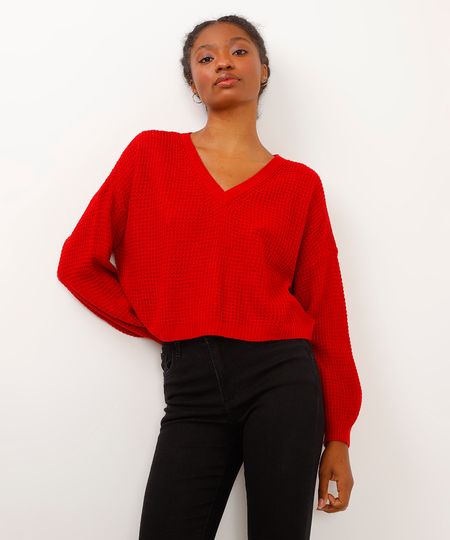 suéter de tricot decote v vermelho P